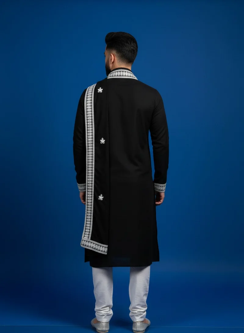 Lehar  Men’s Midnight Black Festive Kurta Set with Intricate Silver Resham Embroidery and Matching Stole for Men | Best Price UAE